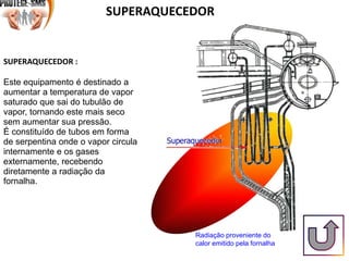 SUPERAQUECEDOR
SUPERAQUECEDOR :
Este equipamento é destinado a
aumentar a temperatura de vapor
saturado que sai do tubulão de
vapor, tornando este mais seco
sem aumentar sua pressão.
É constituído de tubos em forma
de serpentina onde o vapor circula
internamente e os gases
externamente, recebendo
diretamente a radiação da
fornalha.
Radiação proveniente do
calor emitido pela fornalha
 