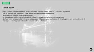 Down Town
ORGANIZAÇÃO
DE PROCESSOS
O que é a festa: uma festa temática, onde a label é dos parceiros irmãos MARTELLI. Com tema em cidades
Tipo de Som: hip hop, eletrônico e Funk.. apenas djs, sem contratação de bandas
Se tem páginas próprias: sim @festadowntown
Perfil de público: público mais selecionado da cidade… A festa acontece também em outras casas
Qualquer outra coisa que achar relevante: festa para até 700 pessoas, com custo baixo de atração, porém tem um investimento de
decoração e personagens caracterizados que varia entre 3 e 7 mil reais.
 