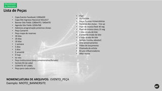 Lista de Peças
ORGANIZAÇÃO
DE PROCESSOS
• Capa Evento Facebook 1200x630
• Capa Site Ingresso Nacional 561x317
• Banner Site Fields 1280x470 / 640x470
• Agenda Site Fields 1050x768
• Adesivos programação próximos shows
• Peça Camarim
• Peça mapa de reservas
• 30 dias
• 20 dias
• 10 dias
• 1 semana
• 5 dias
• 3 dias
• É amanhã
• É hoje
• eu vou
• Peça Institucional (data comemorativa/feriado)
• Sorteio Kit da Label
• CONVITE KIT LABEL
• Peça para cada artista
• Flyer
• OUTDOOR
• Peças Turmas Universitárias
• Horários dos shows - line up
• Flyer de música feed 30 seg
• Flyer de música story 15 seg
• 3 dias virada de lote
• é amanhã virada de lote
• é hoje virada de lote
• Sorteio (combo absolut)
• Arte aniversariantes
• Vídeo de lançamento
• Chamada do artista
• Kit pra influenciadores
• After movie
NOMENCLATURA DE ARQUIVOS: EVENTO_PEÇA
Exemplo: MIOTO_BANNERSITE
 