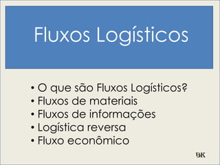 Fluxos Logísticos
• O que são Fluxos Logísticos?
• Fluxos de materiais
• Fluxos de informações
• Logística reversa
• Fluxo econômico
 