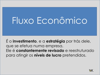Fluxo Econômico
É o investimento, e a estratégia por trás dele,
que se efetua numa empresa.
Ele é constantemente revisado e reestruturado
para atingir os níveis de lucro pretendidos.
 