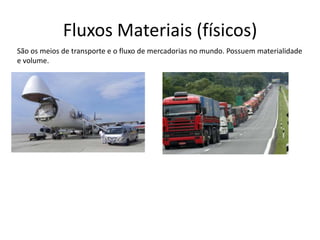 Fluxos Materiais (físicos)
São os meios de transporte e o fluxo de mercadorias no mundo. Possuem materialidade
e volume.

 