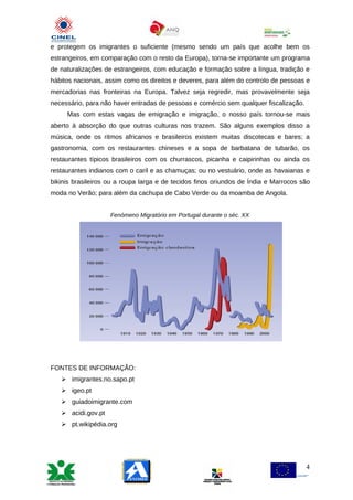 e protegem os imigrantes o suficiente (mesmo sendo um país que acolhe bem os
estrangeiros, em comparação com o resto da Europa), torna-se importante um programa
de naturalizações de estrangeiros, com educação e formação sobre a língua, tradição e
hábitos nacionais, assim como os direitos e deveres, para além do controlo de pessoas e
mercadorias nas fronteiras na Europa. Talvez seja regredir, mas provavelmente seja
necessário, para não haver entradas de pessoas e comércio sem qualquer fiscalização.
     Mas com estas vagas de emigração e imigração, o nosso país tornou-se mais
aberto à absorção do que outras culturas nos trazem. São alguns exemplos disso a
música, onde os ritmos africanos e brasileiros existem muitas discotecas e bares; a
gastronomia, com os restaurantes chineses e a sopa de barbatana de tubarão, os
restaurantes típicos brasileiros com os churrascos, picanha e caipirinhas ou ainda os
restaurantes indianos com o caril e as chamuças; ou no vestuário, onde as havaianas e
bikinis brasileiros ou a roupa larga e de tecidos finos oriundos de Índia e Marrocos são
moda no Verão; para além da cachupa de Cabo Verde ou da moamba de Angola.


                    Fenómeno Migratório em Portugal durante o séc. XX




FONTES DE INFORMAÇÃO:
    imigrantes.no.sapo.pt
    igeo.pt
    guiadoimigrante.com
    acidi.gov.pt
    pt.wikipédia.org




                                                                                       4
 
