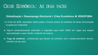 CRISE ECONÔMICA: AS DUAS FACES
Globalização + Desemprego Estrutural + Crise Econômica  XENOFOBIA
A Crise de 2008: população nativa passa a buscar postos de trabalhos de baixa remuneração
ocupada por imigrantes;
 Alguns países/empresas estimulam a imigração para cobrir déficit em vagas que exigem
especialização e para manter o exército de reserva;
 Fuga de cérebros: profissionais que deixam de contribuir com o desenvolvimento técnico-
científico de seu país.
 