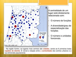 18

A centralidade de um
lugar está diretamente
relacionada com:
- O número de funções
- A diversidade/grau de
especialização das
funções
- O número e unidades
funcionais.

- Na região Centro, os lugares mais centrais são cidades, sendo as 6 primeiras todas
capitais de distrito. É visível a relação entre a centralidade dos centros urbanos e a
sua dimensão populacional.

 
