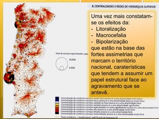20

Uma vez mais constatamse os efeitos da:
- Litoralização
- Macrocefalia
- Bipolarização
que estão na base das
fortes assimetrias que
marcam o território
nacional, caraterísticas
que tendem a assumir um
papel estrutural face ao
agravamento que se
antevê.

 