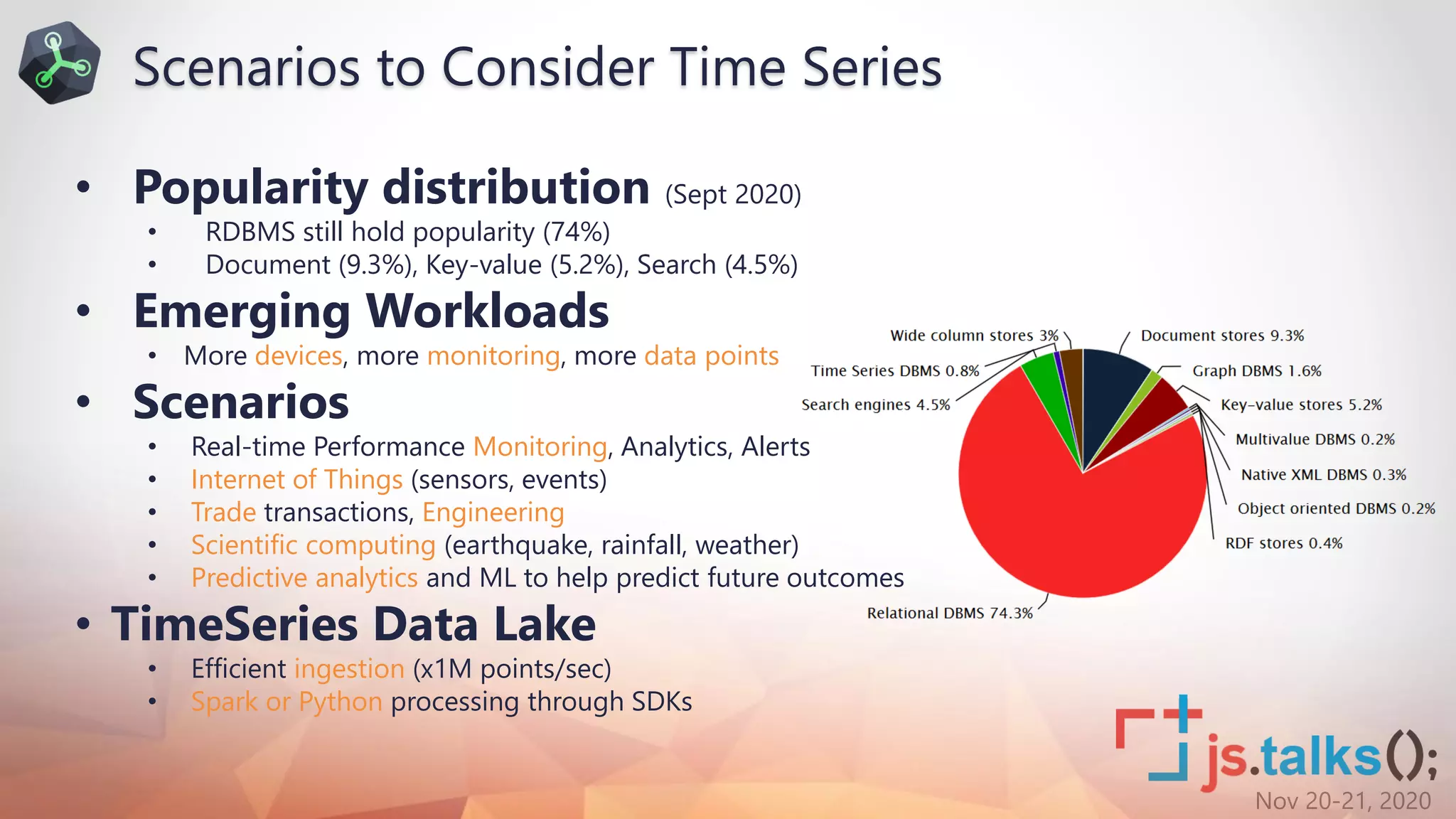 Nov 20-21, 2020
• Popularity distribution (Sept 2020)
• RDBMS still hold popularity (74%)
• Document (9.3%), Key-value (5.2%), Search (4.5%)
• Emerging Workloads
• More devices, more monitoring, more data points
• Scenarios
• Real-time Performance Monitoring, Analytics, Alerts
• Internet of Things (sensors, events)
• Trade transactions, Engineering
• Scientific computing (earthquake, rainfall, weather)
• Predictive analytics and ML to help predict future outcomes
• TimeSeries Data Lake
• Efficient ingestion (x1M points/sec)
• Spark or Python processing through SDKs
Scenarios to Consider Time Series
 