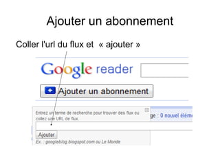 Ajouter un abonnement Coller l'url du flux et  « ajouter » 