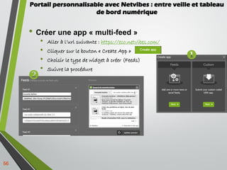 • Créer une app « multi-feed »
• Aller à l’url suivante : https://eco.netvibes.com/
• Cliquer sur le bouton « Create App »...