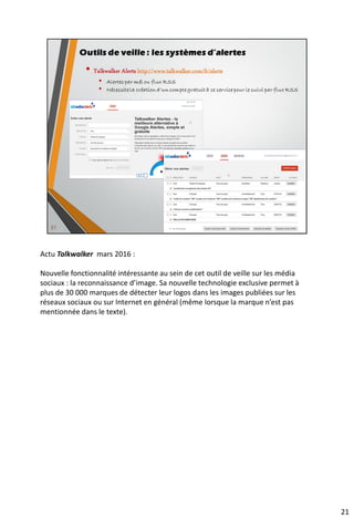 Les autres méthodes pour vérifier qu’un
site possède des flux RSS
• Effectuer la recherche sur le mot-clé « RSS » via le
navigateur (séquence de touches clavier « Ctrl + F »
(PC) ou « Cmd + F » (Mac))
• Essayer d’ajouter le terme « RSS » ou « feed » à l’url du
site : www.monsite.fr/rss ou www.monsite.fr/feed
(Wordpress)
• Chercher la présence d’un flux RSS dans une rubrique
du site visé (exemple : Eyrolles)
• Rechercher une page « Fil RSS » dans le plan du site
• Chercher « rss site:monsite.com » dans Google ou
simplement « monsite RSS »
• Afficher le code source d’une page (CTRL + U) et
chercher la balise <link rel= «alternate » …>
Source : Serge Courrier - Journée MUST du 03/11/201634
 