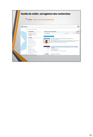 • Mettre sous surveillance YouTube
• Un utilisateur (exemple avec « urfistpacactutoriels »
https://www.youtube.com/feeds/videos.xml?user=urfistpacactut
oriels
• Une chaîne (exemple de celle de l’université de Nice Sophia
Antipolis)
https://www.youtube.com/feeds/videos.xml?channel_id=UC7Ee
F5hNuOZw4y19ztQPZ5w
• Une « playlist » (exemple de la « playlist » de l’URFIST de Nice
sur la lecture numérique)
https://www.youtube.com/feeds/videos.xml?playlist_id=PLnR
OkFh2gxtQUi3EdJCZD7GVPO338Qb8D
• En revanche, l’évolution récente (avril 2015) de l’API de
YouTube ne permet plus de suivre une requête par flux rss
32
Suivre les sites de partages et les réseaux sociaux
via les flux rss
Source : http://www.keepitsimple.fr/liste-rss
 