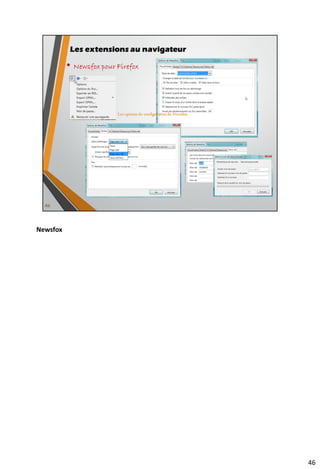 • Services hébergés dans le « cloud »
• Feedspot (http://www.feedspot.com/)
• Feedly (http://www.feedly.com/)
• G2Reader (http://www.g2reader.com/)
• AOL Reader (http://reader.aol.com/)
• Newsblur (http://newsblur.com/)
• Digg Reader (https://digg.com/login?next=%2Freader)
• …
• Logiciel à héberger sur un serveur
• Tiny Tiny RSS (http://tt-rss.org/redmine/)
• Selfoss (http://selfoss.aditu.de/)
• Leed (http://projet.idleman.fr/leed/)
59
Lecteurs en ligne hébergés
 