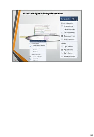 99
Outils permettant le traitement avancé des flux RSS
• Sociallymap
• Outil en ligne, gratuit jusqu’à 5 fils,
inscription obligatoire
• Les autres outils cités ci-dessous sont gratuits et à
héberger sur un serveur et donc plus difficiles d’accès =>
WebHookit, Huggin, Pypes, RSS Percolator, SuperPipes
Source : Serge Courrier - http://fr.slideshare.net/serge.courrier/modle-dune-plateforme-de-veille-visant-automatiser-la-rediffusion-de-linforlation
 
