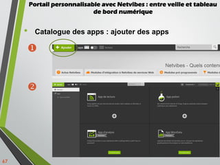 • Catalogue des apps : ajouter des apps
67


Portail personnalisable avec Netvibes : entre veille et tableau
de bord num...
