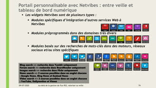 ▪ Les widgets Netvibes sont de plusieurs types :
▪ Modules spécifiques d’intégration d’autres services Web à
Netvibes
▪ Mo...