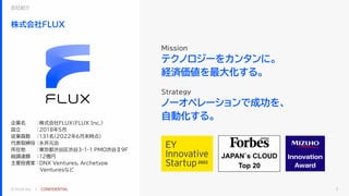 © FLUX Inc. ｜ CONFIDENTIAL
企業名 ：株式会社FLUX（FLUX Inc.）
設立 ：2018年5月
従業員数 ：131名（2022年6月末時点）
代表取締役 ：永井元治
所在地 ：東京都渋谷区渋谷3-1-1 PMO渋谷Ⅱ9F
総調達額 ：12億円
主要投資家 ：DNX Ventures, Archetype
Venturesなど
会社紹介
株式会社FLUX
3
Mission
テクノロジーをカンタンに。
経済価値を最大化する。
Strategy
ノーオペレーションで成功を、
自動化する。
 