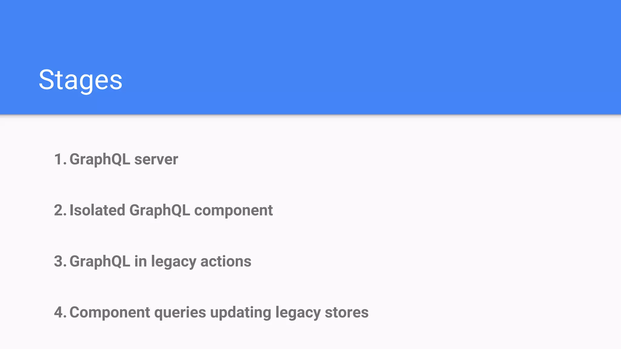 1.GraphQL server
2.Isolated GraphQL component
3.GraphQL in legacy actions
4.Component queries updating legacy stores
Stages
 