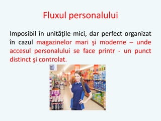 Fluxul personalului
Imposibil în unităţile mici, dar perfect organizat
în cazul magazinelor mari şi moderne – unde
accesul personalului se face printr - un punct
distinct şi controlat.
 