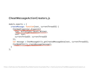 https://github.com/facebook/flux/blob/master/examples/flux-chat/js/actions/ChatMessageActionCreators.js
CheatMessageActionCreators.js
 