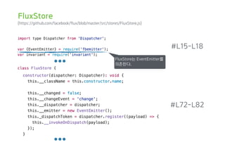 (https://github.com/facebook/flux/blob/master/src/stores/FluxStore.js)
#L15-L18
#L72-L82
FluxStore는 EventEmitter를
의존한다.
FluxStore
 