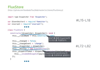 (https://github.com/facebook/flux/blob/master/src/stores/FluxStore.js)
#L15-L18
#L72-L82
생성자를 통해 Dispatcher의
인스턴스를 주입받는다.
Dispatcher와 EventEmitter의
인스턴스를 프로퍼티로 설정한다.
FluxStore
 