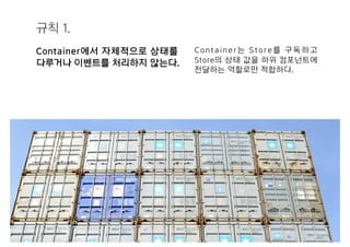 규칙 1.
Container에서 자체적으로 상태를
다루거나 이벤트를 처리하지 않는다.
Container는 Store를 구독하고
Store의 상태 값을 하위 컴포넌트에
전달하는 역할로만 적합하다.
 