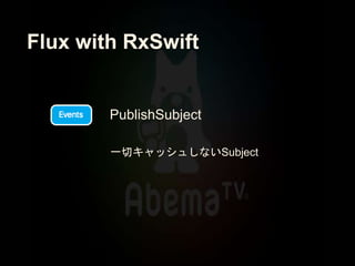 Flux with RxSwift
PublishSubject
一切キャッシュしないSubject
 