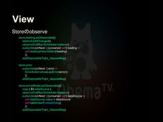 View
store.loading.asObservable()
.distinctUntilChanged()
.observeOn(MainScheduler.instance)
.subscribe(onNext: { [unowned self] loading in
self.loadingView.hidden(!loading)
})
.addDisposableTo(rx_disposeBag)
store.error
.subscribe(onNext: { error in
ErrorAction.show(.apiError(error))
})
.addDisposableTo(rx_disposeBag)
store.someModel.asObservable()
.map { $0.dataSource }
.observeOn(MainScheduler.instance)
.subscribe(onNext: { [unowned self] dataSource in
self.dataSource.value = dataSource
self.tableView?.reloadData()
})
.addDisposableTo(rx_disposeBag)
Storeのobserve
 