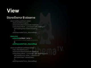 View
store.error
.subscribe(onNext: { error in
})
.addDisposableTo(rx_disposeBag)
Storeのerrorをobserve
 
