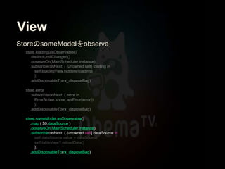 View
store.someModel.asObservable()
.map { $0.dataSource }
.observeOn(MainScheduler.instance)
.subscribe(onNext: { [unowned self] dataSource in
})
.addDisposableTo(rx_disposeBag)
StoreのsomeModelをobserve
 