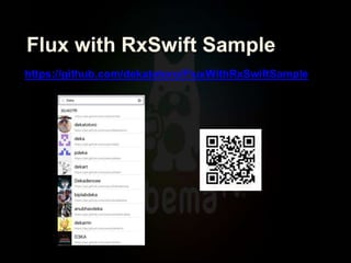 https://github.com/dekatotoro/FluxWithRxSwiftSample
Flux with RxSwift Sample
 