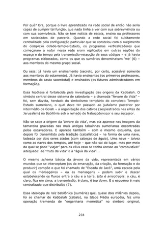 Por quê? Ora, porque o livre aprendizado na rede social de então não seria
capaz de cumprir tal função, que nada tinha a ver com sua sobrevivência ou
com sua convivência. Não se tem notícia de escola, ensino ou professores
em sociedades de parceria. Quando a rede social foi subitamente
centralizada pela configuração particular que se constelou com o surgimento
do complexo cidade-templo-Estado, os programas verticalizadores que
começaram a rodar nessa rede eram replicados em outras regiões do
espaço e do tempo pela transmissão-recepção de seus códigos – e já havia
programas elaborados, como os que os sumérios denominavam ‘me’ (6) –
aos membros do mesmo grupo social.

Ou seja: já havia um ensinamento (secreto, por certo, acessível somente
aos membros do estamento). Já havia ensinantes (os primeiros professores,
membros da casta sacerdotal) e ensinados (os futuros administradores em
formação).

Essa hipótese é fortalecida pela investigação das origens da Kabbalah. O
símbolo central desse sistema de sabedoria – a chamada “Árvore da Vida” –
foi, sem dúvida, herdado do simbolismo templário do complexo Templo-
Estado sumeriano, o qual deve ter passado ao judaísmo posterior por
intermédio da Golah – a organização dos cativos (seqüestrados nas elites de
Jerusalém) na Babilônia sob o reinado de Nabucodonozor e seu sucessor.

Não se sabe a origem da 'árvore da vida', mas ela aparece nas imagens da
tamareira gravadas nas mais antigas tabuinhas sumerianas encontradas
pelos escavadores. E aparece também – com o mesmo esquema, que
depois foi transmitido pela tradição (cabalística) – na forma de uma nave,
ladeada por dois seres alados (com cabeças de águia). Uma nave – talvez
como as naves dos templos, até hoje – que não sai do lugar, mas por meio
da qual se pode “viajar” para os céus caso se tenha acesso ao “combustível”
adequado: ao “fruto da vida” e à “água da vida”...

O mesmo schema básico da árvore da vida, representada em vários
mundos que se interceptam (os da emanação, da criação, da formação e do
produzir) compõe o que foi chamado de “Escada de Jacó”, uma escada pela
qual os mensageiros – ou as mensagens – podem subir e descer
estabelecendo os fluxos entre o céu e a terra. Isto é anisotropia: o céu, é
claro, fica em cima; a transmissão, é claro, é top down. E o esquema é mais
centralizado que distribuído (7).

Essa ideologia de raiz babilônica (suméria) que, quase dois milênios depois,
foi se chamar de Kabbalah (cabala), na Idade Média européia, fez uma
operação tremenda de “engenharia memética” no símbolo original,



                                    234
 
