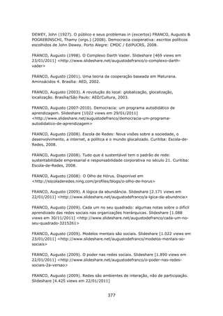 DEWEY, John (1927). O público e seus problemas in (excertos) FRANCO, Augusto &
POGREBINSCHI, Thamy (orgs.) (2008). Democracia cooperativa: escritos políticos
escolhidos de John Dewey. Porto Alegre: CMDC / EdiPUCRS, 2008.

FRANCO, Augusto (1998). O Complexo Darth Vader. Slideshare [469 views em
23/01/2011] <http://www.slideshare.net/augustodefranco/o-complexo-darth-
vader>

FRANCO, Augusto (2001). Uma teoria da cooperação baseada em Maturana.
Aminoácidos 4. Brasília: AED, 2002.

FRANCO, Augusto (2003). A revolução do local: globalização, glocalização,
localização. Brasília/São Paulo: AED/Cultura, 2003.

FRANCO, Augusto (2007-2010). Democracia: um programa autodidático de
aprendizagem. Slideshare [1022 views em 29/01/2011]
<http://www.slideshare.net/augustodefranco/democracia-um-programa-
autodidatico-de-aprendizagem>

FRANCO, Augusto (2008). Escola de Redes: Nova visões sobre a sociedade, o
desenvolvimento, a internet, a política e o mundo glocalizado. Curitiba: Escola-de-
Redes, 2008.

FRANCO, Augusto (2008). Tudo que é sustentável tem o padrão de rede:
sustentabilidade empresarial e responsabilidade corporativa no século 21. Curitiba:
Escola-de-Redes, 2008.

FRANCO, Augusto (2008): O Olho de Hórus. Disponível em
<http://escoladeredes.ning.com/profiles/blogs/o-olho-de-horus>

FRANCO, Augusto (2009). A lógica da abundância. Slideshare [2.171 views em
22/01/2011] <http://www.slideshare.net/augustodefranco/a-lgica-da-abundncia>

FRANCO, Augusto (2009). Cada um no seu quadrado: algumas notas sobre o difícil
aprendizado das redes sociais nas organizações hierárquicas. Slideshare [1.088
views em 30/11/2011] <http://www.slideshare.net/augustodefranco/cada-um-no-
seu-quadrado-3215261>

FRANCO, Augusto (2009). Modelos mentais são sociais. Slideshare [1.022 views em
23/01/2011] <http://www.slideshare.net/augustodefranco/modelos-mentais-so-
sociais>

FRANCO, Augusto (2009). O poder nas redes sociais. Slideshare [1.890 views em
22/01/2011] <http://www.slideshare.net/augustodefranco/o-poder-nas-redes-
sociais-2a-versao>

FRANCO, Augusto (2009). Redes são ambientes de interação, não de participação.
Slideshare [4.425 views em 22/01/2011]


                                        377
 