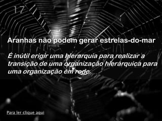 17

Aranhas não podem gerar estrelas-do-mar

É inútil erigir uma hierarquia para realizar a
transição de uma organização hierárquica para
uma organização em rede




Para ler clique aqui
 
