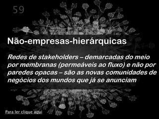 59


Não-empresas-hierárquicas
Redes de stakeholders – demarcadas do meio
por membranas (permeáveis ao fluxo) e não por
paredes opacas – são as novas comunidades de
negócios dos mundos que já se anunciam



Para ler clique aqui
 