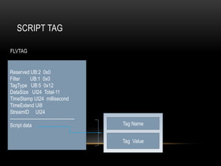 SCRIPT TAG

FLVTAG


Reserved UB:2 0x0
Filter       UB:1 0x0
TagType UB:5 0x12
DataSize UI24 Total-11
TimeStamp UI24 millisecond
TimeExtend UI8
StreamID UI24
-------------------------------------------
Script data                                   Tag Name


                                              Tag Value
 