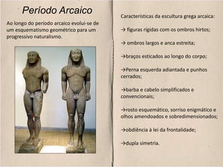 Período Arcaico Características da escultura grega arcaica:
→ figuras rígidas com os ombros hirtos;
→ ombros largos e anca estreita;
→braços esticados ao longo do corpo;
→Perna esquerda adiantada e punhos
cerrados;
→barba e cabelo simplificados e
convencionais;
→rosto esquemático, sorriso enigmático e
olhos amendoados e sobredimensionados;
→obdiência à lei da frontalidade;
→dupla simetria.
Ao longo do período arcaico evolui-se de
um esquematismo geométrico para um
progressivo naturalismo.
 