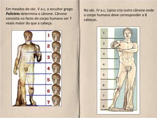 Em meados do séc. V a.c, o escultor grego
Policleto determina o cânone. Cânone
consistia no facto do corpo humano ser 7
vezes maior do que a cabeça.
No séc. IV a.c, Lipiso cria outro cânone onde
o corpo humano deve corresponder a 8
cabeças.
 