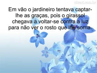 Em vão o jardineiro tentava captarlhe as graças, pois o girassol
chegava a voltar-se contra a luz
para não ver o rosto que lhe sorria.

 