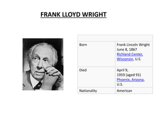 FRANK LLOYD WRIGHT
Born Frank Lincoln Wright
June 8, 1867
Richland Center,
Wisconsin, U.S.
Died April 9,
1959 (aged 91)
Phoenix, Arizona,
U.S.
Nationality American
 