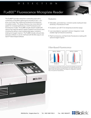 The FLx800™ provides researchers outstanding value with a
combination of excellent performance and ease of use — at a
price much lower than traditional fluorescence-luminescence
microplate readers. The design features a low-noise detection
system for increased performance in both fluorescence and
luminescence modes. The FLx800 includes several models with
options that meet the specific needs of research and clinical users,
including the ability to read multiple plate types, incubation,
shaking and reagent injection. The FLx800 includes onboard data
reduction software or can be interfaced with BioTek’s easy-to-use
Gen5™ Data Analysis Software.
Features:
• Selectable, automated top- or bottom-probe reading for best 	
	 sensitivity in fluorescence mode
• Incubation up to 50 °C for temperature-sensitive assays
•	 Low-noise detector operated in photon integration mode
	 enables high luminescence sensitivity
• Flash luminescence, and fast kinetic fluorescence reading with 	
	 optional reagent injector
	
Filter-Based Fluorescence
	
In Fluorescence mode, filters with dye-specific bandwidths provide the
best possible sensitivity for all applications. No matter what fluorescent
label is used, the optical system can always be configured to make the
best of its spectral characteristics.
IRAN BioTek , Viragene Akam Co. Tel : +9821 88611552-3 Fax : +9821 88044577
 