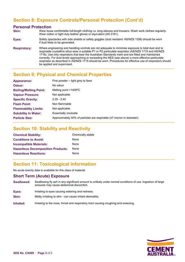 Fly Ash Safety Data Sheet