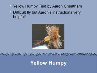 
    Yellow Humpy Tied by Aaron Cheatham

    Difficult fly but Aaron's instructions very
    helpful!




              Yellow Humpy
 
