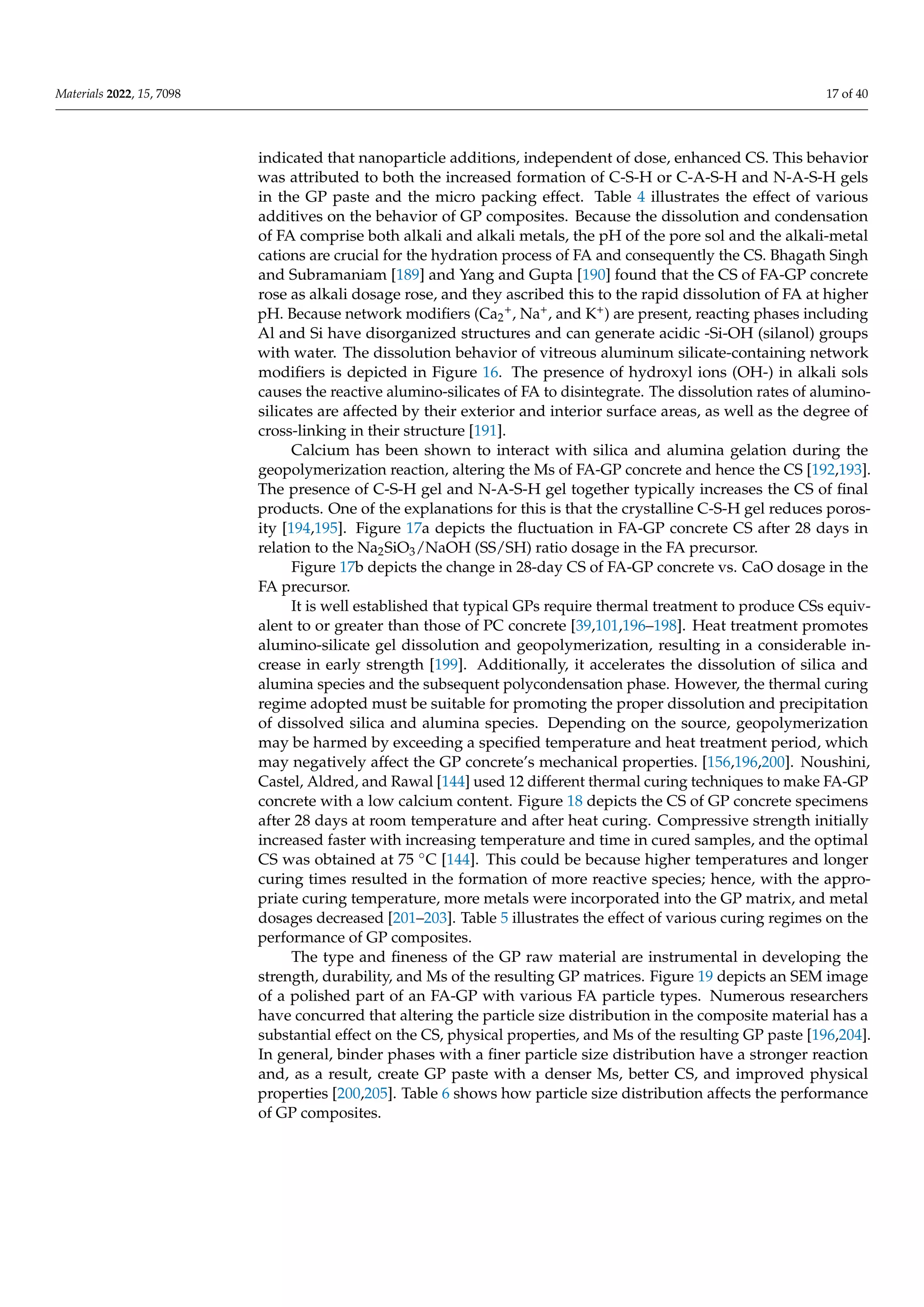 Materials 2022, 15, 7098 17 of 40
indicated that nanoparticle additions, independent of dose, enhanced CS. This behavior
was attributed to both the increased formation of C-S-H or C-A-S-H and N-A-S-H gels
in the GP paste and the micro packing effect. Table 4 illustrates the effect of various
additives on the behavior of GP composites. Because the dissolution and condensation
of FA comprise both alkali and alkali metals, the pH of the pore sol and the alkali-metal
cations are crucial for the hydration process of FA and consequently the CS. Bhagath Singh
and Subramaniam [189] and Yang and Gupta [190] found that the CS of FA-GP concrete
rose as alkali dosage rose, and they ascribed this to the rapid dissolution of FA at higher
pH. Because network modifiers (Ca2
+, Na+, and K+) are present, reacting phases including
Al and Si have disorganized structures and can generate acidic -Si-OH (silanol) groups
with water. The dissolution behavior of vitreous aluminum silicate-containing network
modifiers is depicted in Figure 16. The presence of hydroxyl ions (OH-) in alkali sols
causes the reactive alumino-silicates of FA to disintegrate. The dissolution rates of alumino-
silicates are affected by their exterior and interior surface areas, as well as the degree of
cross-linking in their structure [191].
Calcium has been shown to interact with silica and alumina gelation during the
geopolymerization reaction, altering the Ms of FA-GP concrete and hence the CS [192,193].
The presence of C-S-H gel and N-A-S-H gel together typically increases the CS of final
products. One of the explanations for this is that the crystalline C-S-H gel reduces poros-
ity [194,195]. Figure 17a depicts the fluctuation in FA-GP concrete CS after 28 days in
relation to the Na2SiO3/NaOH (SS/SH) ratio dosage in the FA precursor.
Figure 17b depicts the change in 28-day CS of FA-GP concrete vs. CaO dosage in the
FA precursor.
It is well established that typical GPs require thermal treatment to produce CSs equiv-
alent to or greater than those of PC concrete [39,101,196–198]. Heat treatment promotes
alumino-silicate gel dissolution and geopolymerization, resulting in a considerable in-
crease in early strength [199]. Additionally, it accelerates the dissolution of silica and
alumina species and the subsequent polycondensation phase. However, the thermal curing
regime adopted must be suitable for promoting the proper dissolution and precipitation
of dissolved silica and alumina species. Depending on the source, geopolymerization
may be harmed by exceeding a specified temperature and heat treatment period, which
may negatively affect the GP concrete’s mechanical properties. [156,196,200]. Noushini,
Castel, Aldred, and Rawal [144] used 12 different thermal curing techniques to make FA-GP
concrete with a low calcium content. Figure 18 depicts the CS of GP concrete specimens
after 28 days at room temperature and after heat curing. Compressive strength initially
increased faster with increasing temperature and time in cured samples, and the optimal
CS was obtained at 75 ◦C [144]. This could be because higher temperatures and longer
curing times resulted in the formation of more reactive species; hence, with the appro-
priate curing temperature, more metals were incorporated into the GP matrix, and metal
dosages decreased [201–203]. Table 5 illustrates the effect of various curing regimes on the
performance of GP composites.
The type and fineness of the GP raw material are instrumental in developing the
strength, durability, and Ms of the resulting GP matrices. Figure 19 depicts an SEM image
of a polished part of an FA-GP with various FA particle types. Numerous researchers
have concurred that altering the particle size distribution in the composite material has a
substantial effect on the CS, physical properties, and Ms of the resulting GP paste [196,204].
In general, binder phases with a finer particle size distribution have a stronger reaction
and, as a result, create GP paste with a denser Ms, better CS, and improved physical
properties [200,205]. Table 6 shows how particle size distribution affects the performance
of GP composites.
 