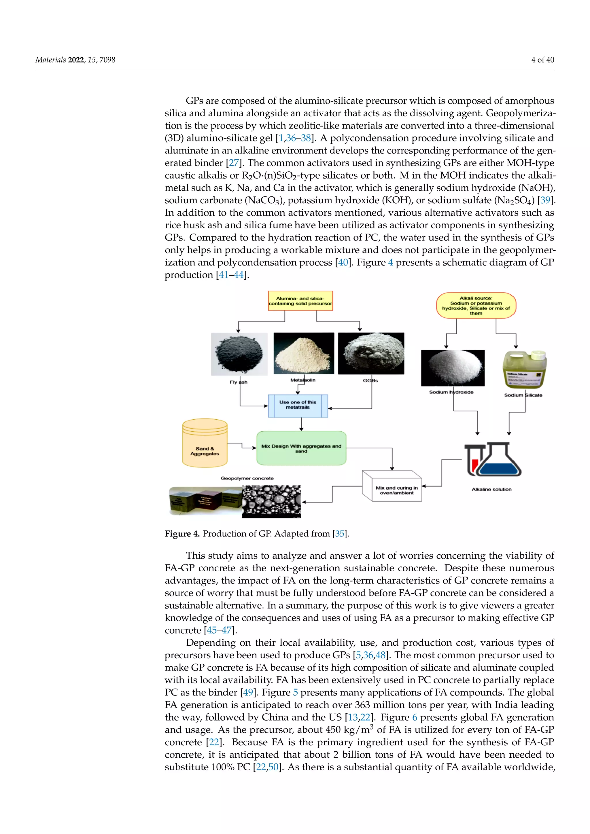 Materials 2022, 15, 7098 4 of 40
GPs are composed of the alumino-silicate precursor which is composed of amorphous
silica and alumina alongside an activator that acts as the dissolving agent. Geopolymeriza-
tion is the process by which zeolitic-like materials are converted into a three-dimensional
(3D) alumino-silicate gel [1,36–38]. A polycondensation procedure involving silicate and
aluminate in an alkaline environment develops the corresponding performance of the gen-
erated binder [27]. The common activators used in synthesizing GPs are either MOH-type
caustic alkalis or R2O·(n)SiO2-type silicates or both. M in the MOH indicates the alkali-
metal such as K, Na, and Ca in the activator, which is generally sodium hydroxide (NaOH),
sodium carbonate (NaCO3), potassium hydroxide (KOH), or sodium sulfate (Na2SO4) [39].
In addition to the common activators mentioned, various alternative activators such as
rice husk ash and silica fume have been utilized as activator components in synthesizing
GPs. Compared to the hydration reaction of PC, the water used in the synthesis of GPs
only helps in producing a workable mixture and does not participate in the geopolymer-
ization and polycondensation process [40]. Figure 4 presents a schematic diagram of GP
production [41–44].
Materials 2022, 15, x FOR PEER REVIEW 5 of 41
Figure 4. Production of GP. Adapted from [35].
Depending on their local availability, use, and production cost, various types of pre‐
cursors have been used to produce GPs [5,36,48]. The most common precursor used to
make GP concrete is FA because of its high composition of silicate and aluminate coupled
with its local availability. FA has been extensively used in PC concrete to partially replace
PC as the binder [49]. Figure 5 presents many applications of FA compounds. The global
FA generation is anticipated to reach over 363 million tons per year, with India leading
the way, followed by China and the US [13,22]. Figure 6 presents global FA generation
and usage. As the precursor, about 450 kg/m3 of FA is utilized for every ton of FA‐GP
concrete [22]. Because FA is the primary ingredient used for the synthesis of FA‐GP con‐
crete, it is anticipated that about 2 billion tons of FA would have been needed to substitute
100% PC [22,50]. As there is a substantial quantity of FA available worldwide, its use in
developing FA‐GP concrete can be deemed a sustainable tactic [51]. This review paper
focuses on the up‐to‐date development of FA‐GP concrete. The emphasis is on identifying
how the silicon/aluminum (S/A) ratio proportions, the additives, and the kind and quan‐
tity of alkali sol are employed to controllably enhance the qualities of FA‐GP concrete. The
critical property of concrete, namely the CS, is also discussed. A relationship between the
Ms characteristics and CS of the FA‐GP concrete is also established.
Figure 4. Production of GP. Adapted from [35].
This study aims to analyze and answer a lot of worries concerning the viability of
FA-GP concrete as the next-generation sustainable concrete. Despite these numerous
advantages, the impact of FA on the long-term characteristics of GP concrete remains a
source of worry that must be fully understood before FA-GP concrete can be considered a
sustainable alternative. In a summary, the purpose of this work is to give viewers a greater
knowledge of the consequences and uses of using FA as a precursor to making effective GP
concrete [45–47].
Depending on their local availability, use, and production cost, various types of
precursors have been used to produce GPs [5,36,48]. The most common precursor used to
make GP concrete is FA because of its high composition of silicate and aluminate coupled
with its local availability. FA has been extensively used in PC concrete to partially replace
PC as the binder [49]. Figure 5 presents many applications of FA compounds. The global
FA generation is anticipated to reach over 363 million tons per year, with India leading
the way, followed by China and the US [13,22]. Figure 6 presents global FA generation
and usage. As the precursor, about 450 kg/m3 of FA is utilized for every ton of FA-GP
concrete [22]. Because FA is the primary ingredient used for the synthesis of FA-GP
concrete, it is anticipated that about 2 billion tons of FA would have been needed to
substitute 100% PC [22,50]. As there is a substantial quantity of FA available worldwide,
 