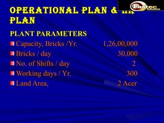 Operational Plan & HR Plan  PLANT PARAMETERS  Capacity, Bricks /Yr.    1,26,00,000 Bricks / day   30,000 No. of Shifts / day   2 Working days / Yr.    300 Land Area,   2 Acer   