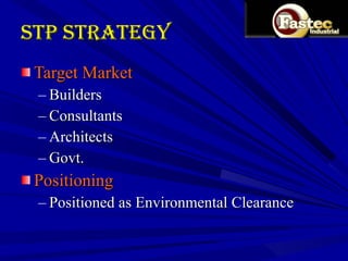 STP Strategy  Target Market Builders Consultants Architects Govt. Positioning  Positioned as Environmental Clearance 