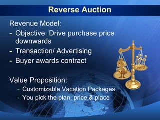 Reverse Auction Revenue Model: Objective: Drive purchase price downwards Transaction/ Advertising Buyer awards contract Value Proposition: Customizable Vacation Packages You pick the plan, price & place 