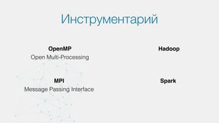 Инструментарий
OpenMP
Open Multi-Processing
MPI
Message Passing Interface
Hadoop
Spark
 