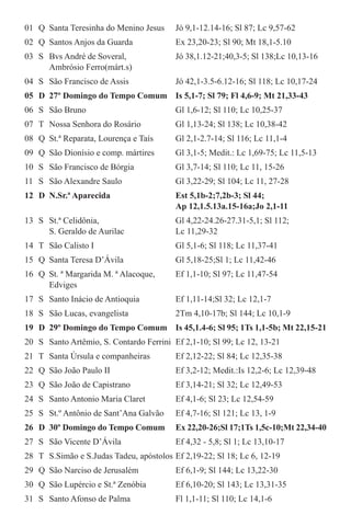 01	 Q	 Santa Teresinha do Menino Jesus	 Jó 9,1-12.14-16; Sl 87; Lc 9,57-62
02	 Q	 Santos Anjos da Guarda	 Ex 23,20-23; Sl 90; Mt 18,1-5.10
03	 S	 Bvs André de Soveral,	 Jó 38,1.12-21;40,3-5; Sl 138;Lc 10,13-16	
		 Ambrósio Ferro(márt.s)
04	 S	 São Francisco de Assis	 Jó 42,1-3.5-6.12-16; Sl 118; Lc 10,17-24
05	 D	 27º Domingo do Tempo Comum	 Is 5,1-7; Sl 79; Fl 4,6-9; Mt 21,33-43
06	 S	 São Bruno	 Gl 1,6-12; Sl 110; Lc 10,25-37
07	 T	 Nossa Senhora do Rosário	 Gl 1,13-24; Sl 138; Lc 10,38-42
08	 Q	 St.ª Reparata, Lourença e Taís	 Gl 2,1-2.7-14; Sl 116; Lc 11,1-4
09	 Q	 São Dionísio e comp. mártires	 Gl 3,1-5; Medit.: Lc 1,69-75; Lc 11,5-13
10	 S	 São Francisco de Bórgia	 Gl 3,7-14; Sl 110; Lc 11, 15-26
11	 S	 São Alexandre Saulo	 Gl 3,22-29; Sl 104; Lc 11, 27-28
12	 D	 N.Sr.ª Aparecida	 Est 5,1b-2;7,2b-3; Sl 44;
			 Ap 12,1.5.13a.15-16a;Jo 2,1-11
13	 S	 St.ª Celidônia, 	 Gl 4,22-24.26-27.31-5,1; Sl 112;
		 S. Geraldo de Aurilac	 Lc 11,29-32
14	 T	 São Calisto I	 Gl 5,1-6; Sl 118; Lc 11,37-41
15	 Q	 Santa Teresa D’Ávila	 Gl 5,18-25;Sl 1; Lc 11,42-46
16	 Q	 St. ª Margarida M. ª Alacoque, 	 Ef 1,1-10; Sl 97; Lc 11,47-54
		Edviges
17	 S	 Santo Inácio de Antioquia	 Ef 1,11-14;Sl 32; Lc 12,1-7
18	 S	 São Lucas, evangelista	 2Tm 4,10-17b; Sl 144; Lc 10,1-9
19	 D	 29º Domingo do Tempo Comum	 Is 45,1.4-6; Sl 95; 1Ts 1,1-5b; Mt 22,15-21
20	 S	 Santo Artêmio, S. Contardo Ferrini	 Ef 2,1-10; Sl 99; Lc 12, 13-21
21	 T	 Santa Úrsula e companheiras	 Ef 2,12-22; Sl 84; Lc 12,35-38
22	 Q	 São João Paulo II	 Ef 3,2-12; Medit.:Is 12,2-6; Lc 12,39-48
23	 Q	 São João de Capistrano	 Ef 3,14-21; Sl 32; Lc 12,49-53
24	 S	 Santo Antonio Maria Claret	 Ef 4,1-6; Sl 23; Lc 12,54-59
25	 S	 St.º Antônio de Sant’Ana Galvão	 Ef 4,7-16; Sl 121; Lc 13, 1-9
26	 D	 30º Domingo do Tempo Comum	 Ex 22,20-26;Sl 17;1Ts 1,5c-10;Mt 22,34-40
27	 S	 São Vicente D’Ávila	 Ef 4,32 - 5,8; Sl 1; Lc 13,10-17
28	 T	 S.Simão e S.Judas Tadeu, apóstolos	Ef 2,19-22; Sl 18; Lc 6, 12-19
29	 Q	 São Narciso de Jerusalém	 Ef 6,1-9; Sl 144; Lc 13,22-30
30	 Q	 São Lupércio e St.ª Zenóbia	 Ef 6,10-20; Sl 143; Lc 13,31-35
31	 S	 Santo Afonso de Palma	 Fl 1,1-11; Sl 110; Lc 14,1-6
 